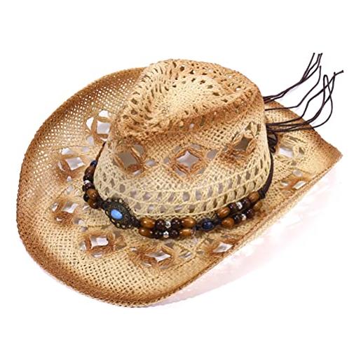 Bozaap cappello da cowboy unisex in paglia a tesa larga, fedora da spiaggia con fascia di perline