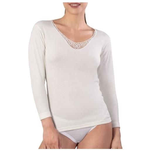 MABRAT 3 pezzi - maglia donna manica lunga in lana e cotone con macramè - termoregolante e morbida - mmdb101 intimo elegante e caldo, bianco, 3/s