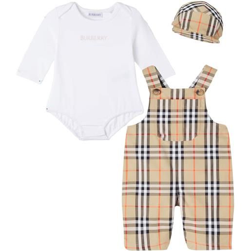 Burberry Kids baby - set cappello da baseball, body e salopette in cotone