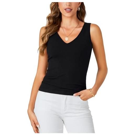 OPOIPIN canottiera da donna con scollo a v a costine slim fit tinta unita senza maniche, nero, xl