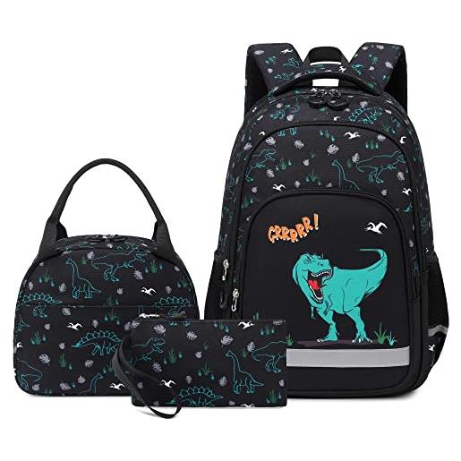 Kouxunt zaino dinosauro scuola elementare, zaini scuola media ragazze ragazzi school bag set di 3 pezzi con borsa termica e astuccio