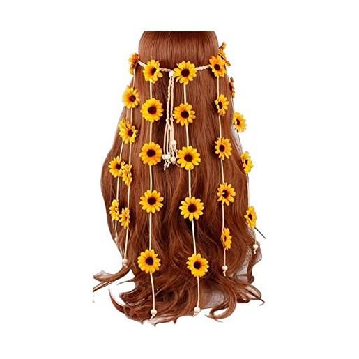 QUUPY fascia per capelli con girasole, stile hippie, corona floreale, bohémien, girasoli, perline, regolabile, accessorio per capelli, accessorio per capelli per donne, feste di nozze e festival