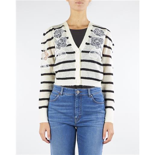 TWIN SET cardigan panna-nero in misto mohair con pizzo