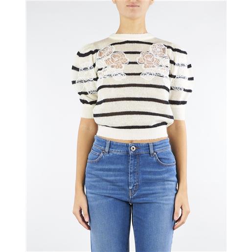 TWIN SET maglia panna-nero in misto mohair con pizzo