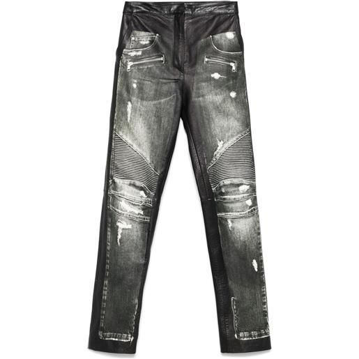 Balmain pantaloni in pelle con stampa denim - nero