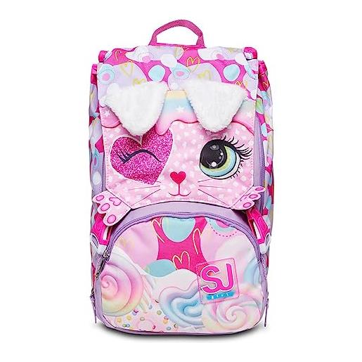 SJ GANG STYLE JAM GANG zaino scuola estensibile, rosa, zaino con divisorio interno, tasca superiore con orecchie in peluche, zaino scuola elementare, bambina
