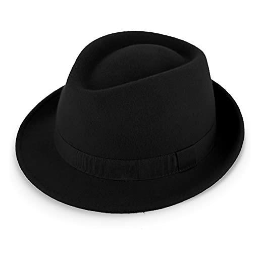 fiebig cappello miller trilby in lana | cappello in feltro con nastro dello stesso colore | fedora made in italy (62-xxl, nero)