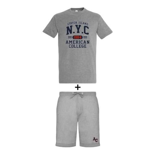 AMERICAN COLLEGE USA, set di 2 pezzi, uomo, donna, maglietta, bermuda, t shirt, pantaloncino, sportivi, lotto di 2, abbigliamento, unisex, modello acen227 gris, taglia xl