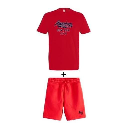 AMERICAN COLLEGE USA, set di 2 pezzi, uomo, donna, maglietta, bermuda, t shirt, pantaloncino, sportivi, lotto di 2, abbigliamento, unisex, modello acen228 rojo, taglia m