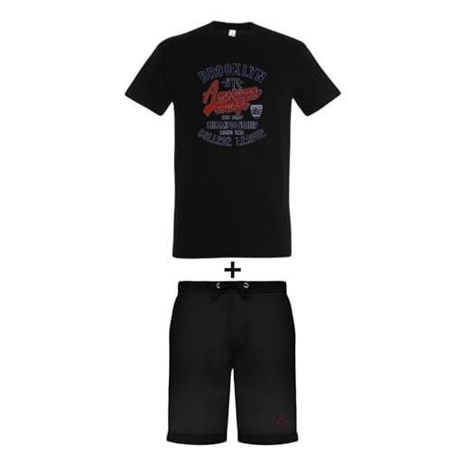 AMERICAN COLLEGE USA, set di 2 pezzi, uomo, donna, maglietta, bermuda, t shirt, pantaloncino, sportivi, lotto di 2, abbigliamento, unisex, modello acen230 negro, taglia m