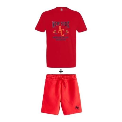 AMERICAN COLLEGE USA, set di 2 pezzi, uomo, donna, maglietta, bermuda, t shirt, pantaloncino, sportivi, lotto di 2, abbigliamento, unisex, modello acen229 rojo, taglia s