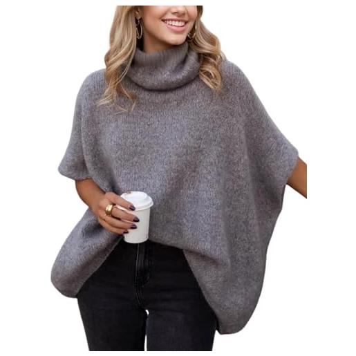 Ynhonra dolman da donna a collo alto, a maniche corte a pipistrello, lavorato a maglia, oversize, grigio, m
