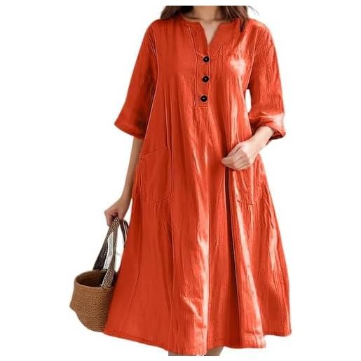 Generic abiti midi estivi in lino con bottoni, abito midi estivo da donna in cotone e lino tinta unita, abiti casual a trapezio con scollo a v, maniche corte e tasche. (orange, 5xl)