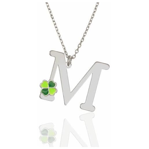 Sakrami collana bambini in argento 925 rodiato con lettera e quadrifoglio verde smaltato - scatola con dedica incisa - prezioso portafortuna per comunione, natale o compleanno (m)