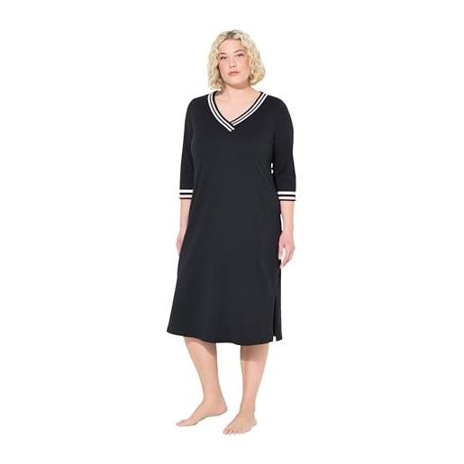 Ulla Popken camicia da notte da donna, con bordi decorativi, scollo a v, maniche a 3/4, colore nero, 54/56, nero, 54-56