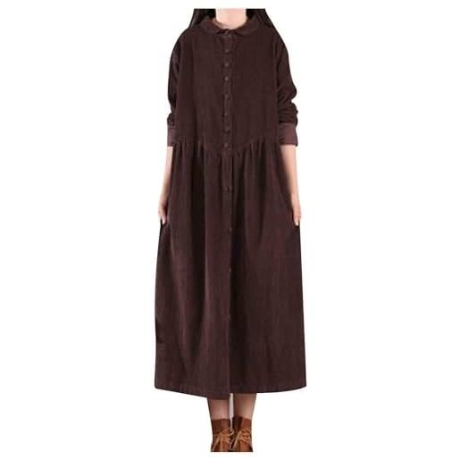 GMQWRK abito midi da donna in velluto a coste nero marrone vintage con bottoni a maniche lunghe con colletto autunno primavera leggero camicia con colletto camicia vestito freddo casual uso quotidiano