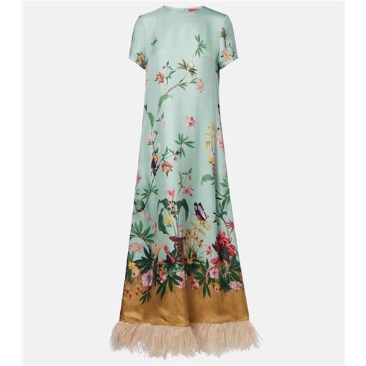 La DoubleJ abito lungo swing in twill di seta con piume