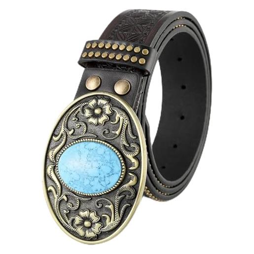 KazeRyu cintura in pelle con borchie western - fibbia con intarsio turchese, motivo floreale in rilievo, larghezza 38 mm, for uomo e donna(c, 105cm/41)