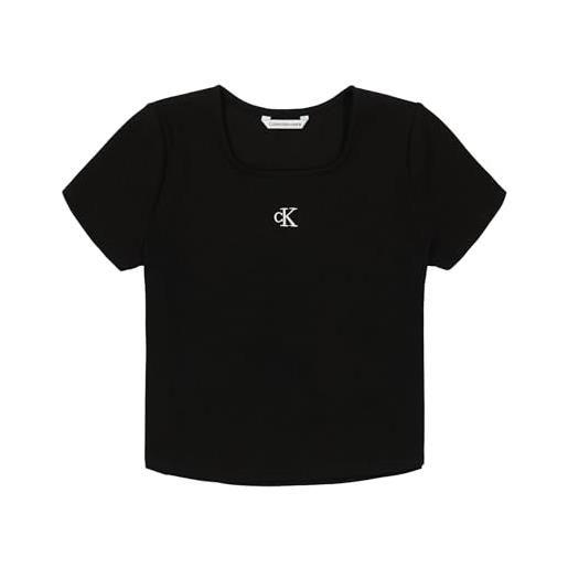 Calvin Klein maglietta a maniche corte da bambina, a costine, morbida e confortevole, collo quadrato nero, 12-14