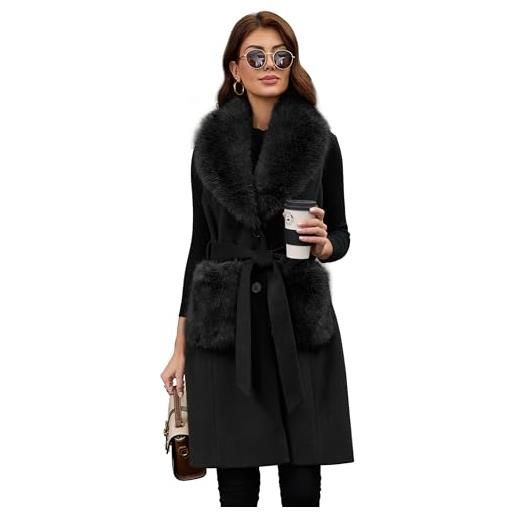 PAPILLON D'OR WEAR YOUR WINGS gilet lungo da donna in lana con cintura e colletto in pelliccia sintetica staccabile e tasche cappotto senza maniche, nero, small