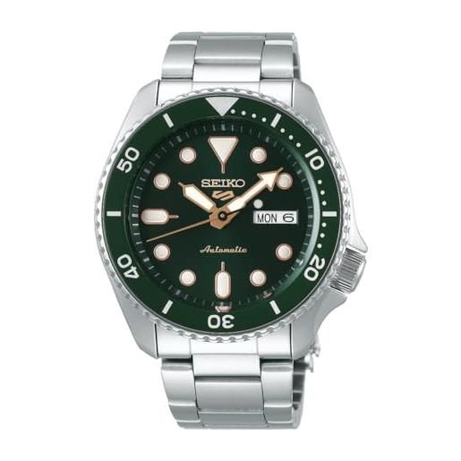 Seiko 5 sports orologio analogico automatico uomo con cinturino in acciaio srpd63k1, verde, 3k1