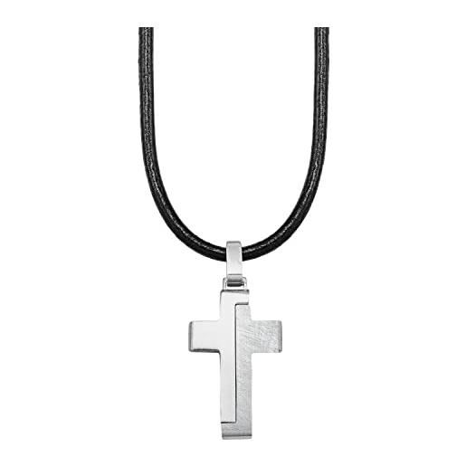 s.Oliver collana con ciondolo in acciaio inox collana per bambini in pelle, 40+3 cm, argento, croce, viene fornita in confezione regalo per gioielli