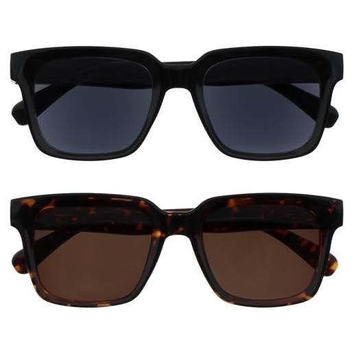 OPULIZEra occhiali da sole donna e uomo - lente nero/marrone - confezione da 2 - lenti polarizzate uv400 antiriflesso e antibagliore - oversize e rettangolare - cerniere a molla - nero/marrone