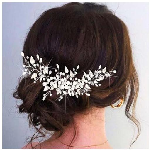 Unicra, fascia per capelli per donne e ragazze, con cristalli e perle, color argento, ideale per matrimoni