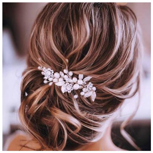 Unicra - accessori per capelli con brillantini, motivo fiori e foglie di vite, da sposa, per donne e ragazze (colore: argento)
