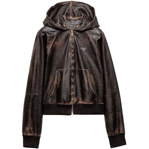 Prada giacca in pelle con cappuccio - marrone