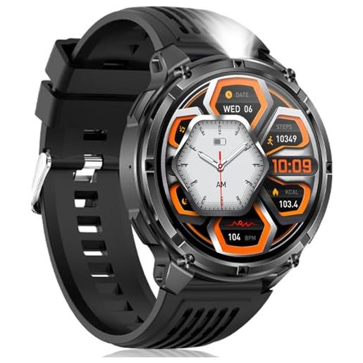 MEETOWN smartwatch uomo militare, 1100mah smartwatch con chiamate bluetooth, torcia led, 1,7 hd, bussola, monitoraggio pressione e ossigeno sangue, ip68 orologio uomo per ios android, 2 cinturini