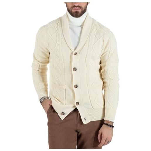 Giosal cardigan uomo giacca con bottoni maglia collo sciallato maglione con trecce vari colori casual (it, testo, xxl, regular, regular, panna)