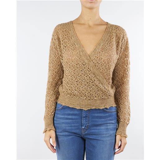 TWIN SET maglia caramello in mohair con scollo a v e incrocio