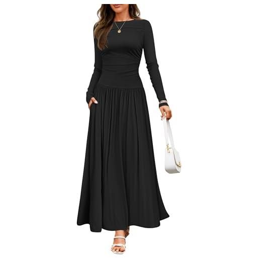 ZESICA maxi abito da donna a maniche lunghe 2024 autunno girocollo in maglia casual slim swing abito plissettato con tasche, nero, s