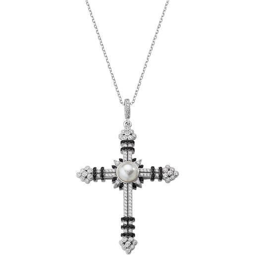 AMEN collana da donna in argento 925 rodiato con croce, perla e zirconi