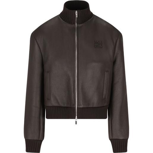 Miu Miu giacca con applicazione logo e zip - marrone