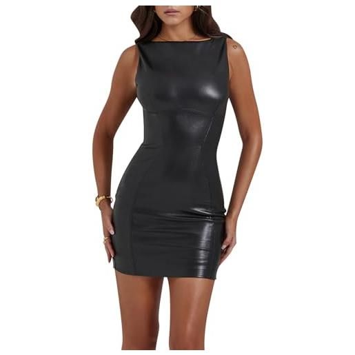 hibshaby maxi abito sexy da donna, in finta pelle, con scollo a barchetta, elegante abito lungo, nero corto. , l