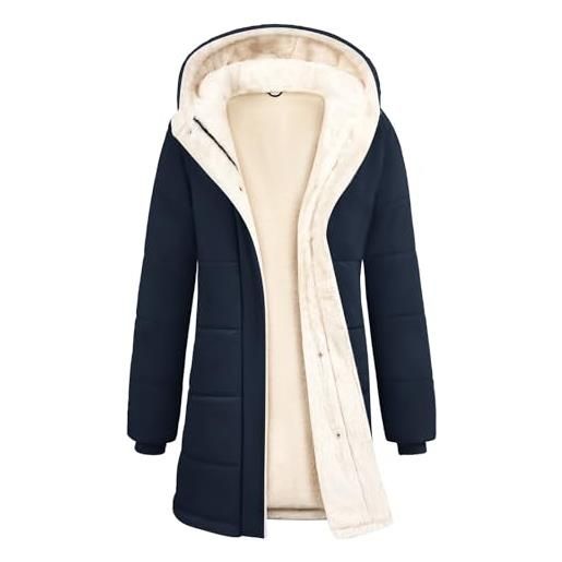 CMTOP giacca invernale donna foderati in pile caldo lungo cappotto impermeabile antivento trapuntata giubbotto casual elegante parka classico giaccone con cappuccio, zip e tasche(blu navy, m)
