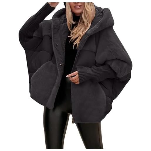 Generisch giacca imbottita da donna, leggera, invernale, da donna, taglie grandi, corta, patchwork, pelliccia sintetica, con cappuccio, maniche a pipistrello, cappotto invernale con chiusura lampo, nero , xxl