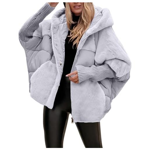 Generisch giacca imbottita da donna, leggera, giacca invernale da donna, taglie forti, corta, piumino, patchwork, pelliccia sintetica, giacca di transizione con cappuccio, maniche a pipistrello, cappotto