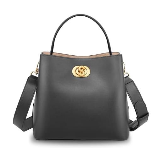 SADI borsa tote in vera pelle per donne, borse a tracolla di lusso, borse a secchiello da donna con cinturino largo regolabile, nero, moda