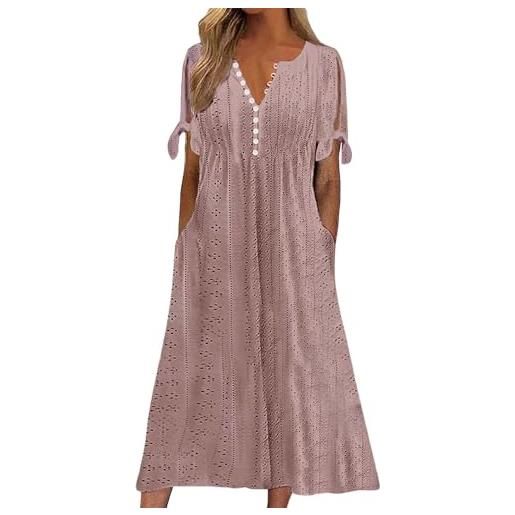Generic abiti estivi con occhielli per le donne a maniche corte casual boho pulsante v scollo a v scava fuori volant swing a-line midi abito con tasca fluidi abiti da vacanza al mare, rosa, 3xl