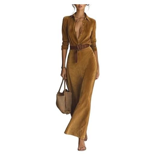 Generico elegante abito lungo in finta pelle scamosciata da donna - abito lungo slim fit con cintura casual elegante 2025