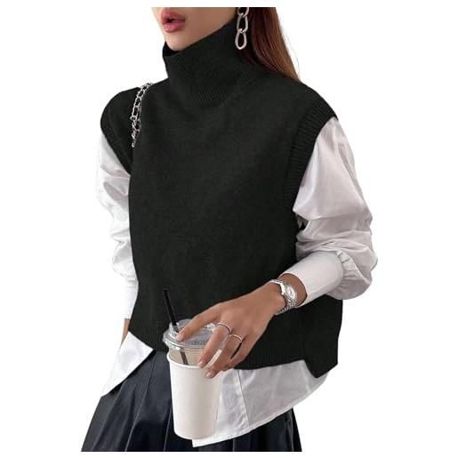 Naileksi maglione corto da donna a collo alto senza maniche a collo alto tinta unita vestibilità ampia maglia casual maglione top streetwear, nero, l