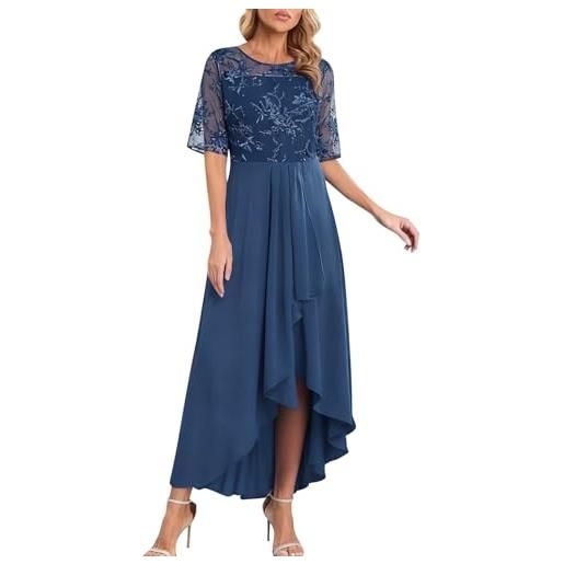 Zanisouta abito da sera da donna, lungo, elegante, in pizzo, in chiffon, formale, a mezze maniche, linea ad a, per matrimoni e cocktail, per la mamma e la sera, o blu1, xxl