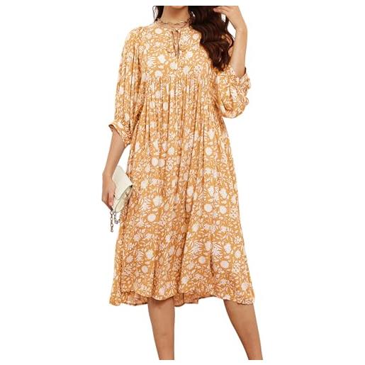 R.Vivimos donna scollo a v lanterna manica boho floreale midi vestito mezza manica cotone loose fit fluwy abito lungo vacanza(xl, giallo)