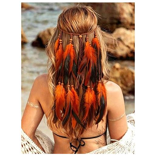Fashband Fascia per capelli indiana con piume, stile bohémien, accessorio per capelli da donna