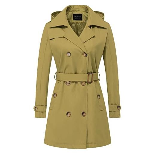 CREATMO US - trench da donna, doppiopetto, classico, con risvolto, con cintura, slim fit, con cappuccio staccabile, giallo oliva. , large