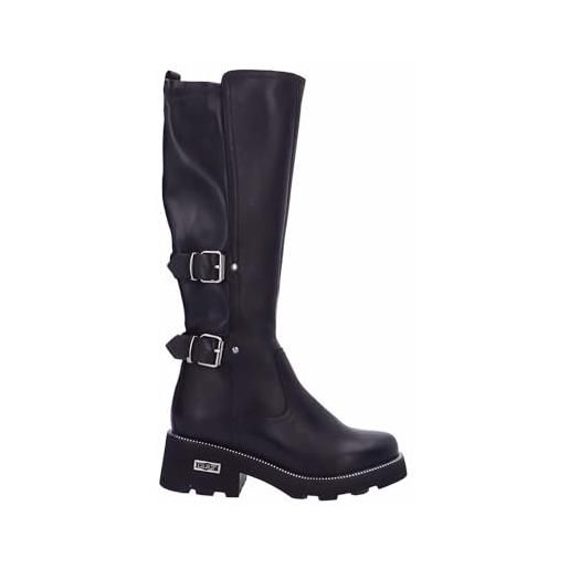 Stivali Alti Arricciati con Tacco Alto Pelle Nero Made in Italy