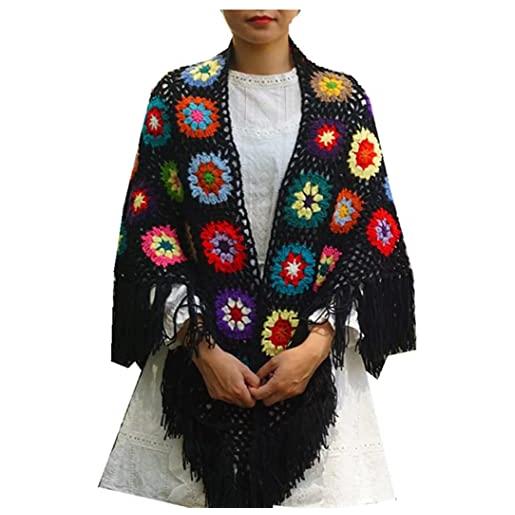 Generic scialle fatto a mano all'uncinetto, poncho frangiato fatto a mano scialli del mantello avvolge la nonna quadrata donna cappotto maglione, nero , etichettalia unica